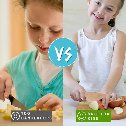 Vista 2 de Juego de 7 cuchillos de madera para niños pequeños, tabla de cortar y cuchillos para cocina real, herramientas de cocina Montessori para niños