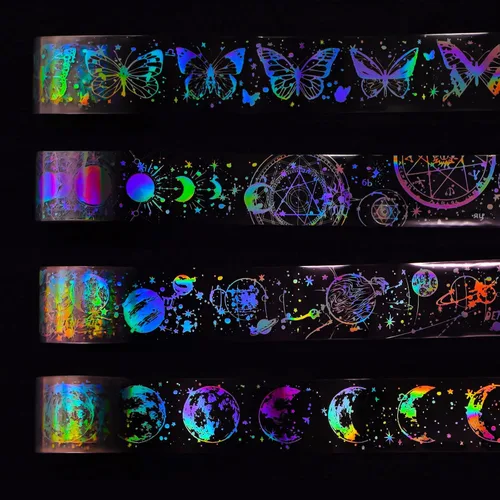 Vista 2 de 4 rollos de cinta holográfica vintage holográfica de mariposa astronomía PET adhesivos de resina impermeables transparentes brillantes
