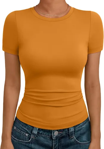 Vista 15 de AUTOMET - Camisetas básicas de manga corta para mujer, para verano, entrenamiento o gimnasio, con cuello redondo, ropa moderna estilo Y2K