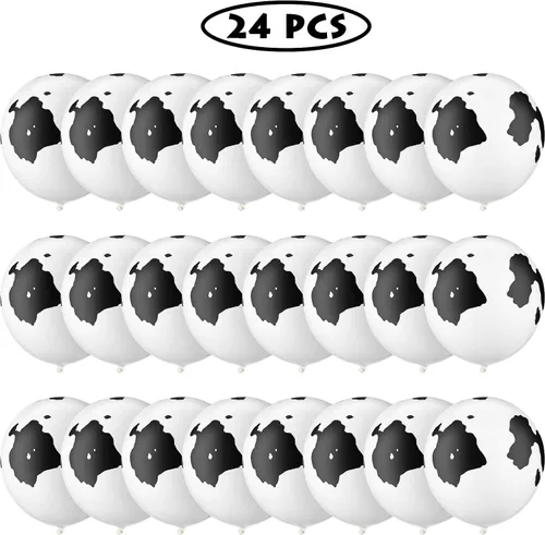 Vista 4 de Gejoy 24 globos de látex divertidos de vaca con estampado de vaca para decoración de fiesta de cumpleaños en blanco y negro