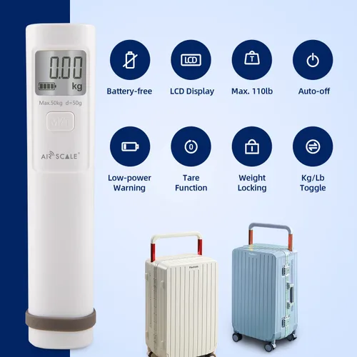 Vista 3 de Viaja con confianza - Báscula de equipaje AIRSCALE: báscula digital portátil sin batería, precisa y portátil para maletas para viajes, 110 lbs/50 kg