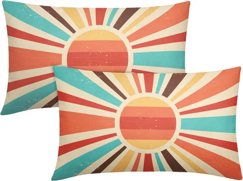 Vista 6 de Juego de 2 fundas de almohada verdes bohemias de 16 x 16 pulgadas, diseño bohemio, amanecer, puesta de sol, estampado abstracto de sol, fundas