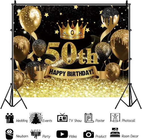 Vista 8 de Telón de fondo para fotografía de cumpleaños número 50 para mujeres y hombres, globo con purpurina negra y dorada, telón de fondo para fotos