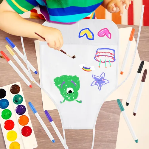 Vista 6 de DIY Kids Chef Hat and Apron Set Kids Painting Delantales con bolígrafo de colores y plantillas de manualidades para hornear pintura Artesanía, Blanco