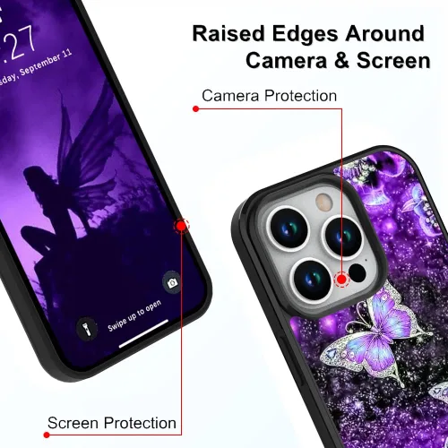 Vista 3 de OOK Diseños para iPhone 14 Pro Max Funda con Purpurina Mariposa Púrpura Diseño de Nebulosa Espacial PC Duro + TPU Suave Parachoques Antideslizante