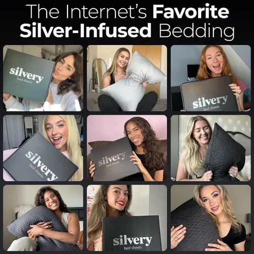 Vista 9 de Silvery Juego de sábanas de cama con infusión de plata - Tela de auto-enfriamiento galardonada con tecnología de auto-limpieza Silvery™ que se Gris