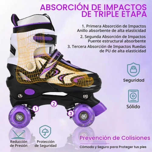 Vista 5 de Patines ajustables para niños pequeños y adultos, ruedas iluminadas, 4 tamaños Negro&Púrpura