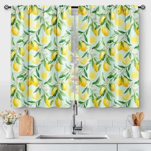Vista 21 de Aimego - Cortinas de cocina con plantas rústicas y flores de primavera, botánicas, con hojas verdes, cortas, para cafetería, baño, con bolsillo