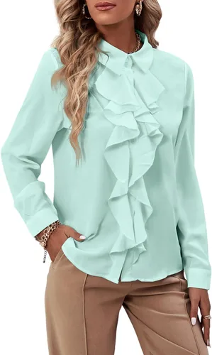 Vista 36 de LYANER - Blusa de manga larga con cuello de botón y volantes en la parte delantera para mujer