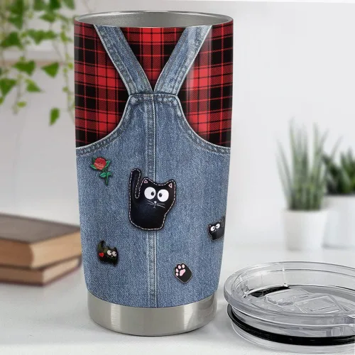 Vista 3 de SANDJEST Vaso personalizado de gato negro con texto en inglés «Just A Girls Who Loves Cat», vasos de 20 onzas y 30 onzas con tapa, regalo