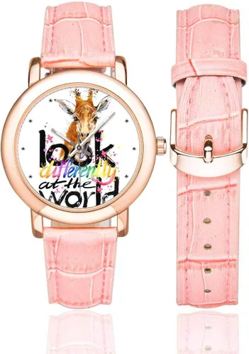 Vista 2 de Giraffe Funny Animal - Reloj de pulsera con correa de cuero rosa para mujer, chapado en oro rosa