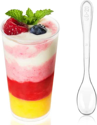 Vista 9 de Zezzxu Mini tazas de postre de 3 onzas con tapas y cucharas, paquete de 50 vasos de plástico transparente para postres pequeños vasos de chupito