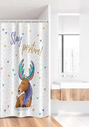 Vista 2 de Ambesonne Moose Stall - Cortina de ducha con texto "Stay Positive Deer", diseño de ciervos bohemio, multicolor