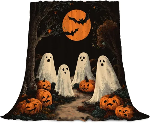Vista 8 de YeeJu Manta de Halloween de calabaza espeluznante vintage para bebé y mascota, acogedora, suave y mullida, manta de forro polar de felpa para sofá