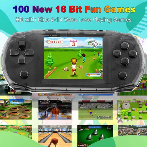Vista 2 de Mini consola de juegos de mano retro para niños precargada 100 videojuegos, negro Rechargeable,Transparent,6+Hrs Play,3.2" IPS Screen, Portable