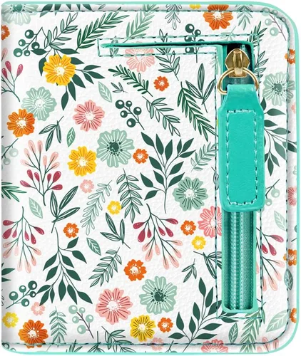 Vista 25 de Cartera pequeña con bloqueo RFID para mujer, con bolsillo plegable y compacto, lindo soporte para tarjetas de crédito, ranura para monedas, monedero