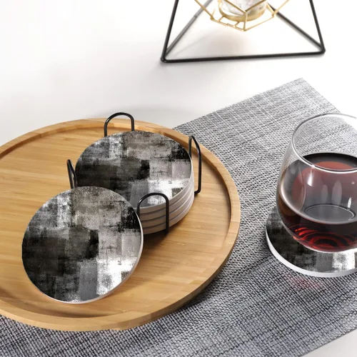 Vista 5 de LOKMU Posavasos para bebidas, juego de 6 posavasos redondos de cerámica absorbente con soporte de metal, posavasos de arte abstracto negro y gris