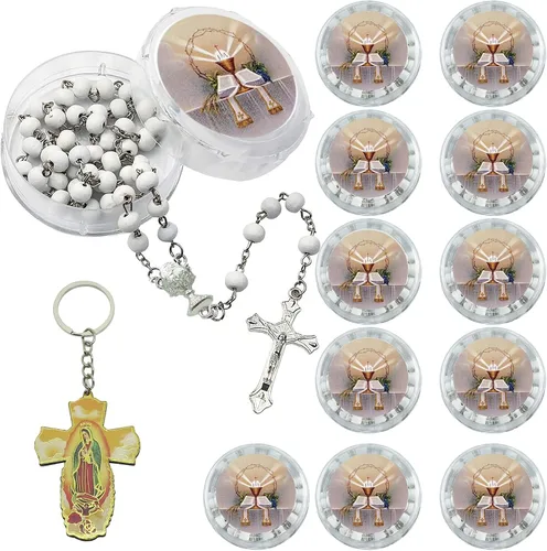 Vista 8 de Recuerdo de rosario perfumado para la Primera Comunión – 12 rosarios con caja de regalo individual y bolsa de organza., Madera, No es una piedra