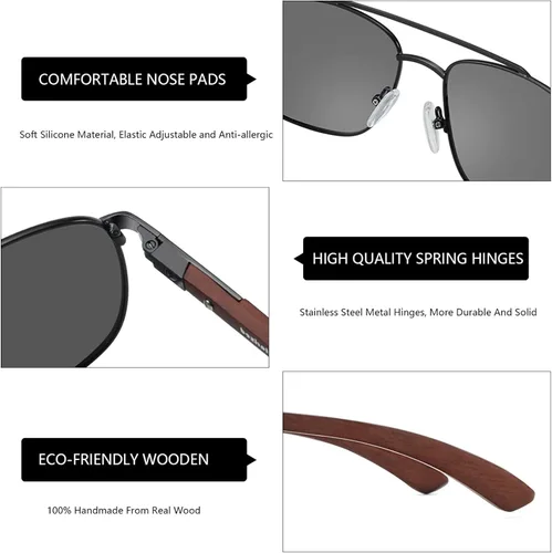 Vista 4 de ZENOTTIC Gafas de sol polarizadas de madera aviadora para hombre 100 protección UV pesca conducción de golf
