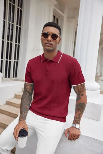 Vista 121 de COOFANDY Camisas polo de punto para hombre de manga corta con textura acanalada Camisas de golf casuales y ligeras con cuello Camiseta de polo