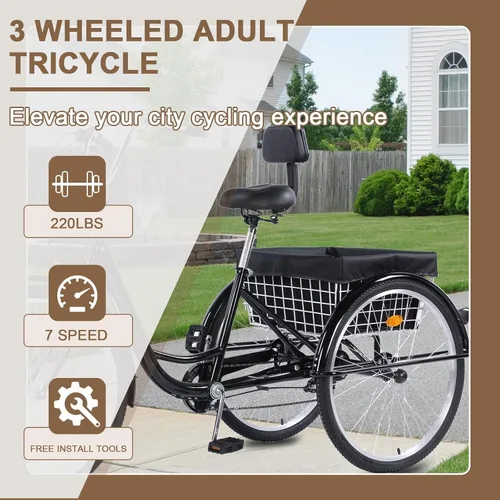 Vista 2 de Triciclo para adultos de 26 pulgadas, bicicletas de 7 velocidades y 3 ruedas, asiento grande con respaldo, triciclo para adultos con cestas