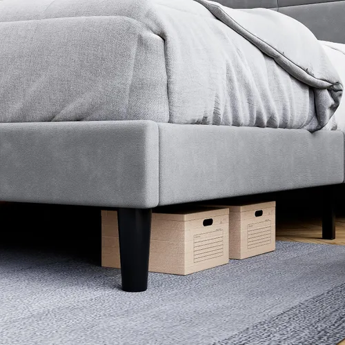 Vista 5 de Base de cama tamaño matrimonial, base de cama con cabecera cuadrada de terciopelo, soporte de listones de madera, antideslizante y sin ruido,