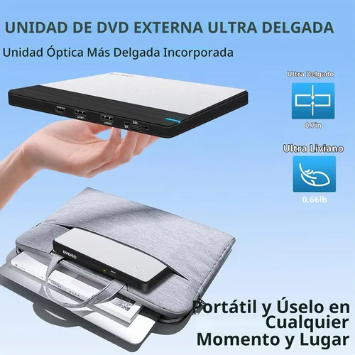 Vista 5 de Unidad de CD externa para computadora portátil: reproductor de DVD para Mac y Windows Plug & Play