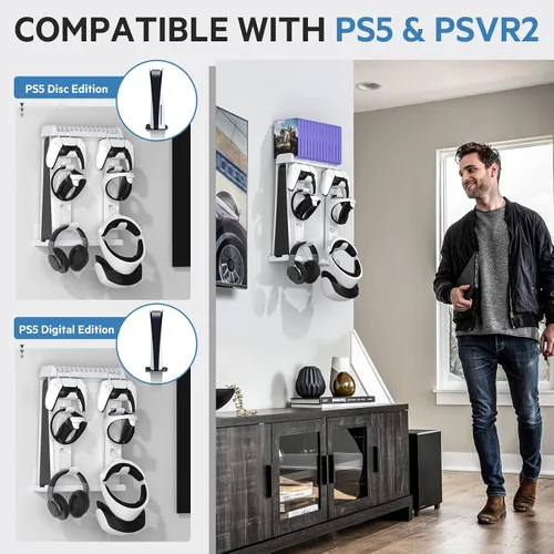 Vista 3 de Grathia PS5 Wall Mount, 8 in 1 Sturdy PS5 Wall Mount Kit with PSVR2 Sense and PS5 Controller Holder and Headphone Hanger, 14 Video Game Storage