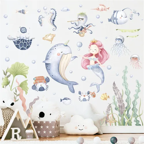 Vista 7 de WAFT YEARN Vinilo extraíble con diseño de sirenas y medusas subacuáticas de animales del océano, decoración de pared para guardería, escuela, aula