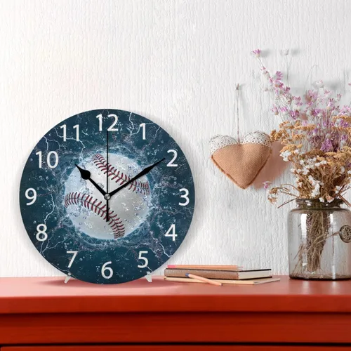 Vista 2 de senya Reloj de pared redondo de béisbol, silencioso, sin tictac, pintura al óleo, decorativo, para el hogar, oficina, escuela, arte