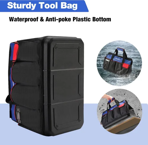 Vista 4 de WORKPRO Bolsa de herramientas, bolsa de herramientas de 18 pulgadas con base moldeada impermeable, bolsa organizadora de herramientas de tapa