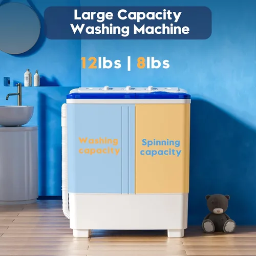 Vista 4 de Lavadora portátil de 20 libras, lavadora compacta de doble tina mini con bomba de drenaje, semiautomática, lavadora de 12 libras y centrifugadora