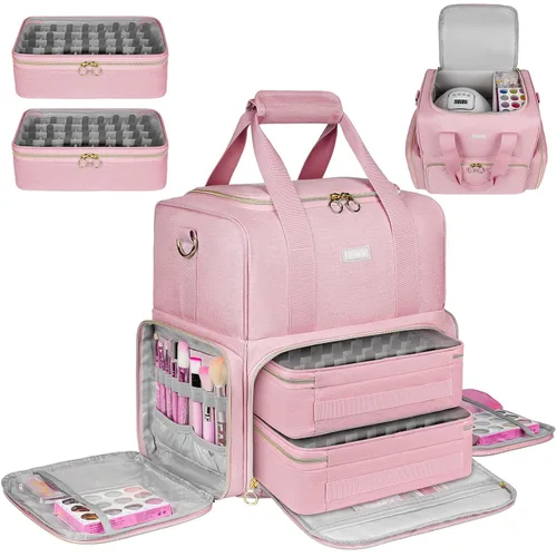 Vista 12 de Organizador de esmalte de uñas con capacidad para 80 botellas y una lámpara de uñas, estuche de transporte de esmalte de uñas con 2 bolsas Negro