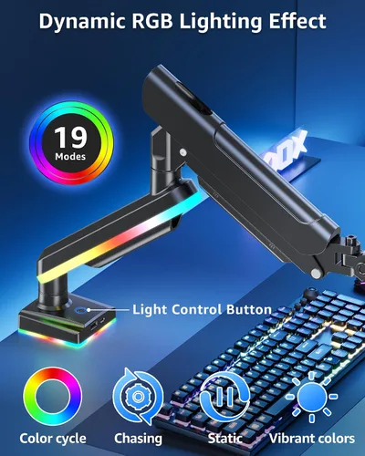 Vista 7 de MOUNTUP Brazo de monitor único RGB para 32, 27, 24, 22 pulgadas, soporta pantallas de 4.4 a 22 libras, soporte de monitor para escritorio con luces