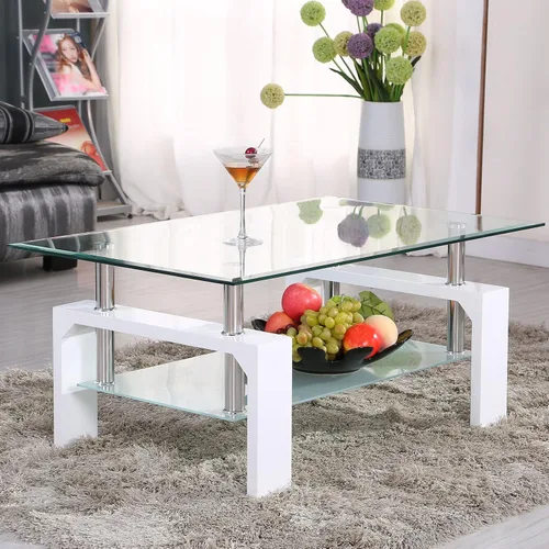 Vista 4 de Mesa de centro rectangular de cristal, mesa de centro lateral moderna blanca con estante inferior patas de metal, traje para sala de estar