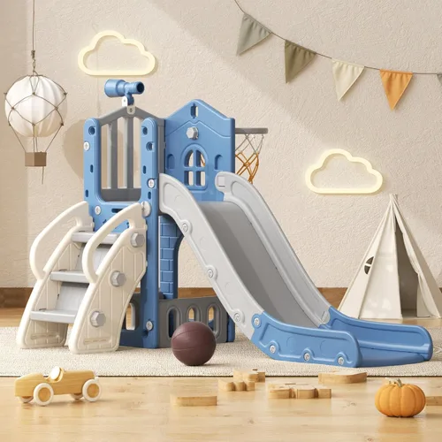 Vista 10 de YUFU Tobogán 5 en 1 para niños pequeños, tobogán para niños con escalador, aro de baloncesto y pelota, juego para interiores y exteriores para niños