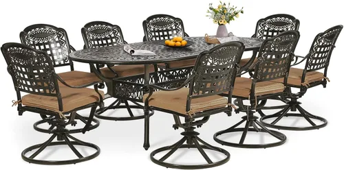 Vista 22 de Juego de comedor de patio de 9 piezas, mesa y sillas de patio al aire libre, mesa de comedor ovalada de aluminio fundido de 84 pulgadas con agujero