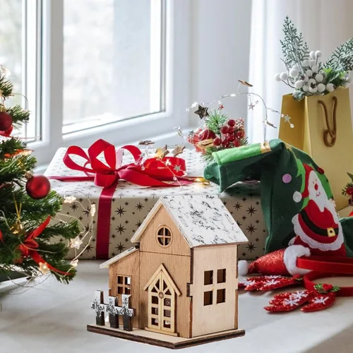 Vista 6 de Uonlytech 2 casas de Navidad iluminadas de madera, casa de Navidad de madera, iluminada por LED, edificios coleccionables para Navidad, invierno