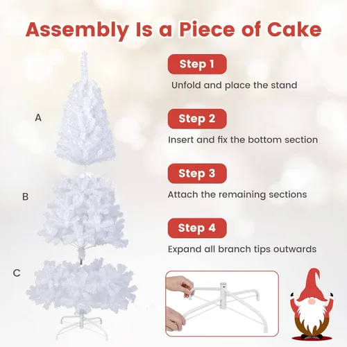 Vista 6 de DREAMADE Árbol de Navidad blanco de 6 pies, árbol de Navidad artificial de abeto sin iluminación con 650 ramas completas y base de metal plegable