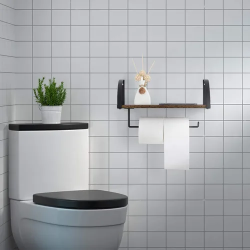 Vista 7 de BTY Soporte para toallas de papel con estante, soporte vintage de granja montado en la pared para toallas de papel debajo del gabinete, estante