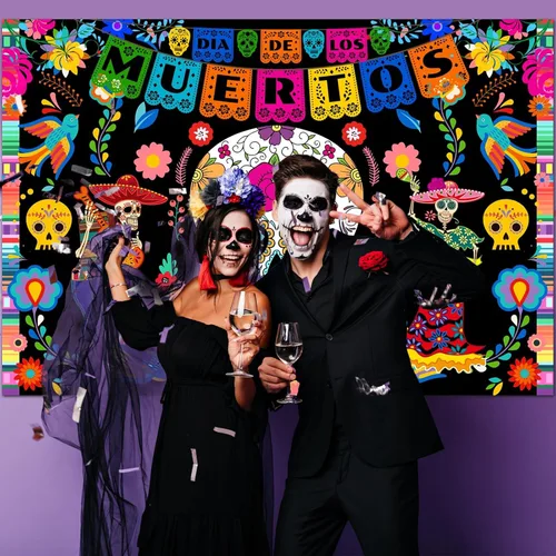 Vista 4 de Avezano Telón de fondo del Día de los Muertos, 5 x 3 pies, diseño de calavera de azúcar mexicana, fondo de fotografía de Dia DE Los Muertos