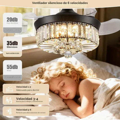 Vista 4 de DuMaiWay Ventilador de techo de 30 pulgadas con lámpara de cristal de luz, ventilador de techo reversible moderno, regulable, temporizador Negro
