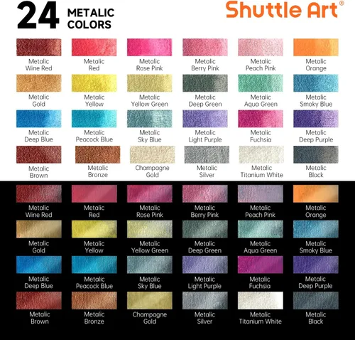 Vista 3 de Shuttle Art - Pinturas de acuarela metálicas, 24 colores de pintura de acuarela con purpurina en medias sartenes con pincel de agua, almohadilla