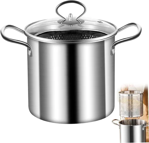 Vista 4 de Olla para freír con cesta, olla de 3.5 litros de acero inoxidable pequeña freidora profunda con mango antiquemaduras olla de pescado y cesta
