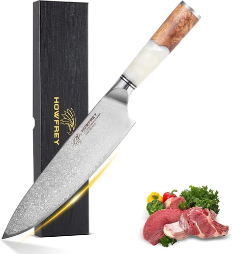 Vista 11 de Cuchillo de chef de Damasco, cuchillos de cocina japoneses de 8 pulgadas con 67 capas, acero inoxidable de alto carbono afilado con mangos