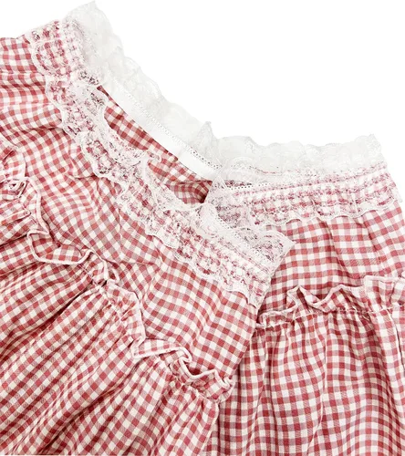 Vista 4 de Falda de hombre Sissy con volantes de encaje calado plisado a cuadros de una línea Minifalda