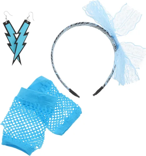 Vista 6 de LOGOFUN Diadema de encaje retro para fiesta, aretes de neón de los años 80, guantes de red de los años 80, accesorios de fotos con temática