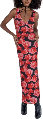 Vista 4 de Vestido largo sexy con estampado floral para mujer, con tirantes delgados, corte bajo, espalda descubierta, midi, vestido bodycon para verano y playa