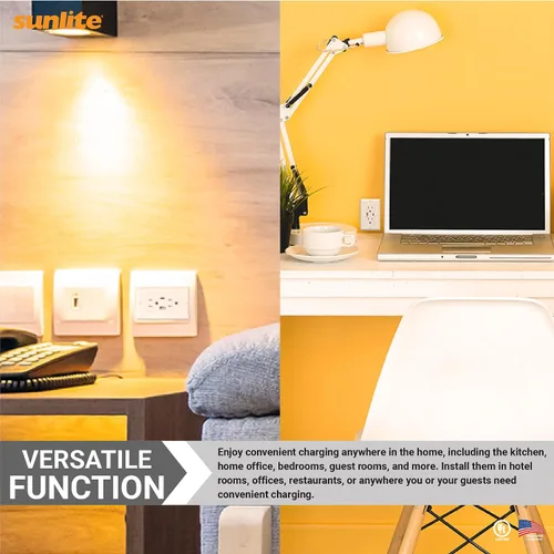 Vista 7 de Sunlite 08154 Cargador USB y receptáculo dúplex, puertos USB-A/C, CC 4.8A 5A, 15A-125VAC, estilo decorador, resistente a manipulaciones, blanco