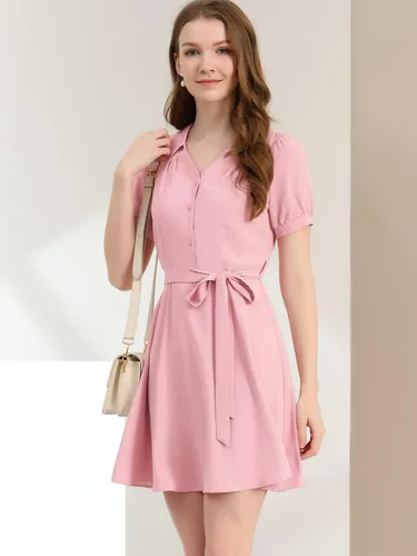 Vista 2 de Allegra K Vestido de mujer con cuello en V y manga corta abombada, cuello vuelto, Rosado